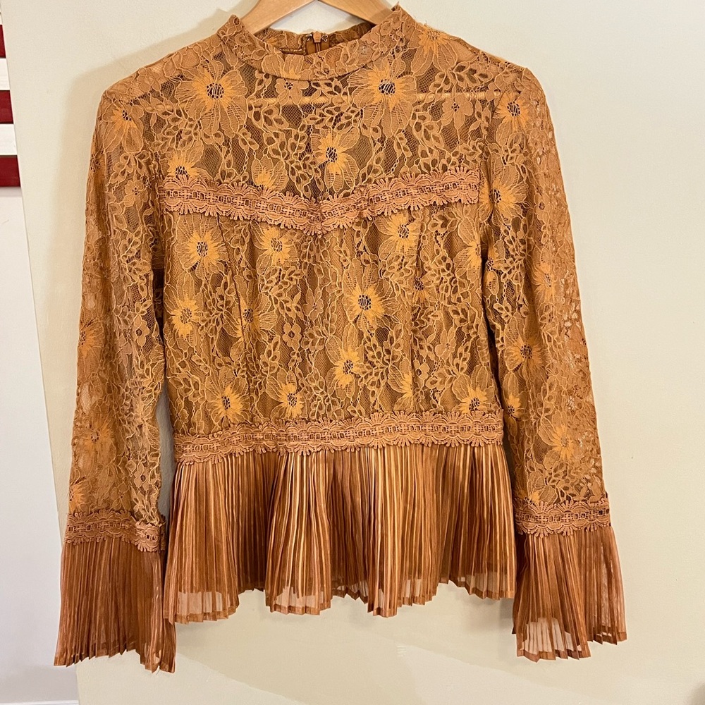 A.Calin by Flying Tomato cute lace long sleeve mock neck with pleated bo…